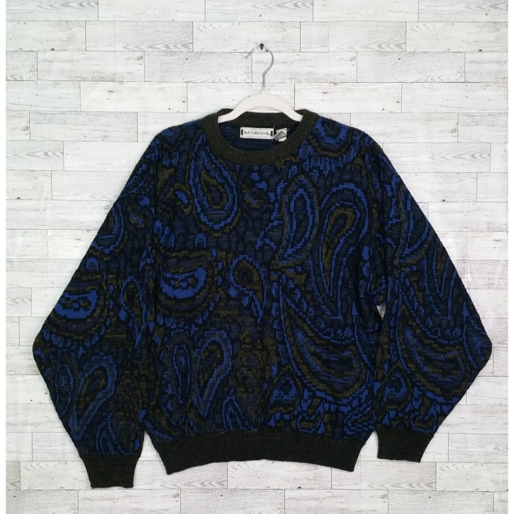 Mens Vintage Saturdays Sweater Black Geometric Knit Crewneck Pullover 80s XL